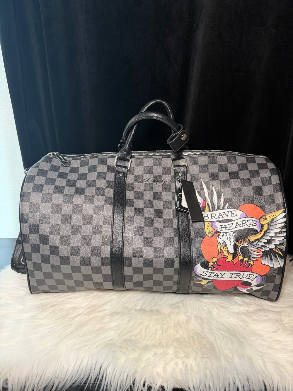 Ed Hardy Checkerboard Gray Travel Duffle Bag with Graphic Detail